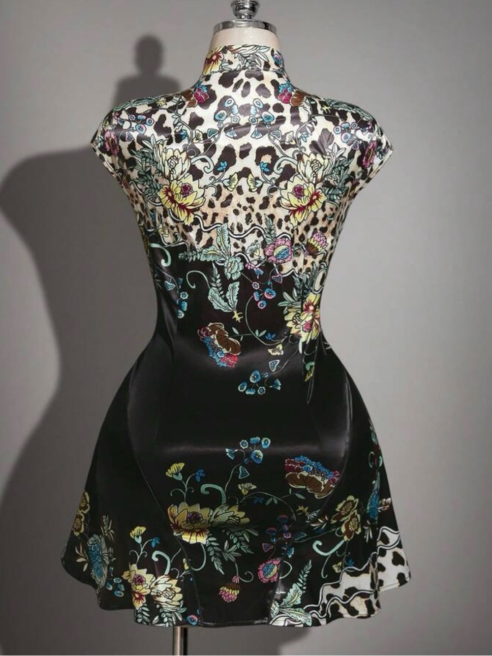 SHEIN Black Floral Mandarin Collar Mini Dress 0XL - Picture 2 of 4